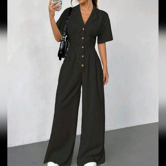 Pants - Simple Solid Color Front Button Pleated Casual Jumpsuit